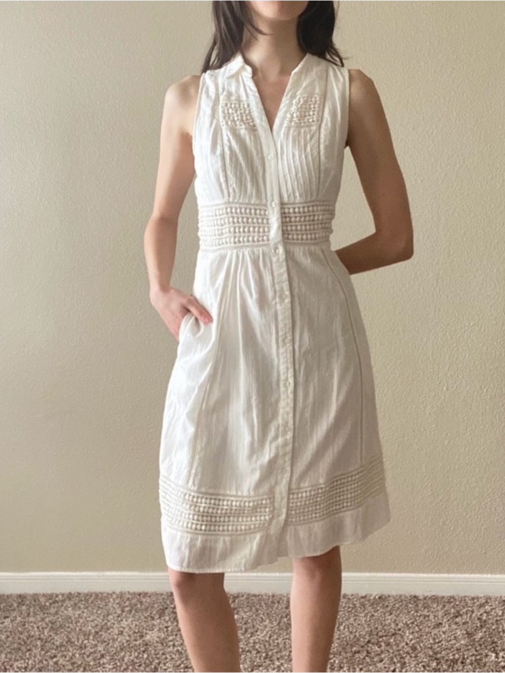 Anthropologie Maeve White Eyelet
Lace Shirt Dress Size 4 Boho Sleeveless